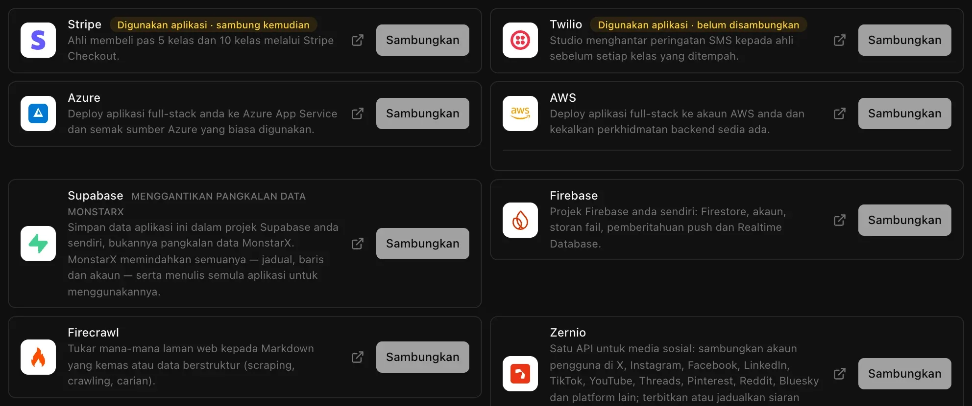 Senarai Penyambung dalam Backend, Cloud: Stripe ditanda Digunakan aplikasi · sambung kemudian dan Twilio ditanda Digunakan aplikasi · belum disambungkan, diikuti Azure, AWS, Supabase, Firebase, Firecrawl dan Zernio, masing-masing dengan butang Sambungkan