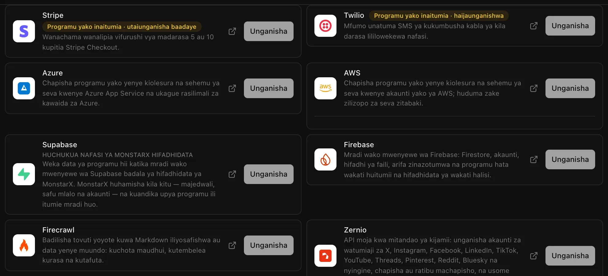 Orodha ya Viunganishi kwenye Huduma za wingu, Wingu: Stripe na Twilio zikiwa na alama ya Programu yako inaitumia, kisha Azure, AWS, Supabase, Firebase, Firecrawl na Zernio, kila moja ikiwa na kitufe cha Unganisha