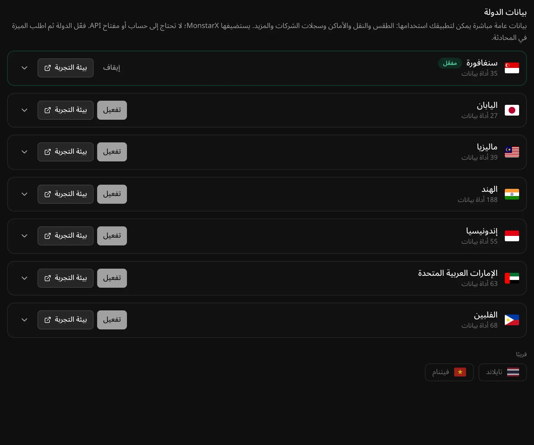 قسم بيانات الدولة في الخدمات السحابية: سنغافورة «مفعّل» ومعها 35 أداة بيانات، ولكل من اليابان وماليزيا والهند وإندونيسيا والإمارات العربية المتحدة والفلبين زرّا «تفعيل» و«بيئة التجربة»، وتايلاند وفيتنام «قريبًا»