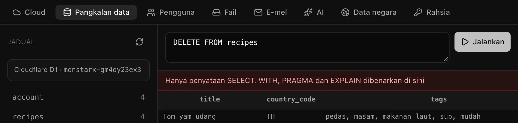 Penyataan DELETE ditolak dengan mesej: Hanya penyataan SELECT, WITH, PRAGMA dan EXPLAIN dibenarkan di sini