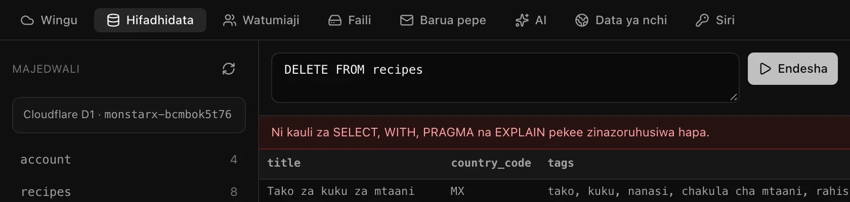 Kauli ya DELETE ikiwa imekataliwa kwa ujumbe: Ni kauli za SELECT, WITH, PRAGMA na EXPLAIN pekee zinazoruhusiwa hapa