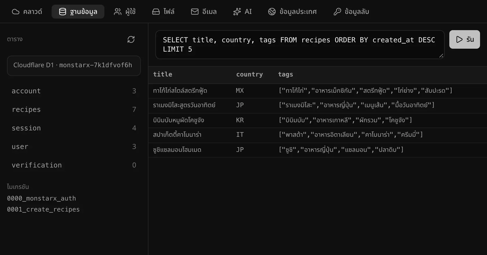 คิวรี SQL ที่แสดงสูตรอาหารใหม่ล่าสุด 5 รายการพร้อมรหัสประเทศและแท็ก และผลลัพธ์ของคิวรี