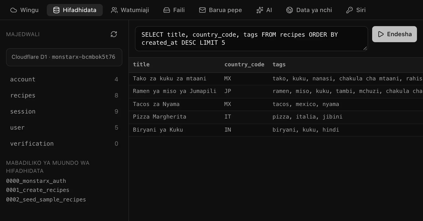 Hoja ya SQL inayoorodhesha mapishi matano mapya zaidi pamoja na msimbo wa nchi na lebo zake, na matokeo yake