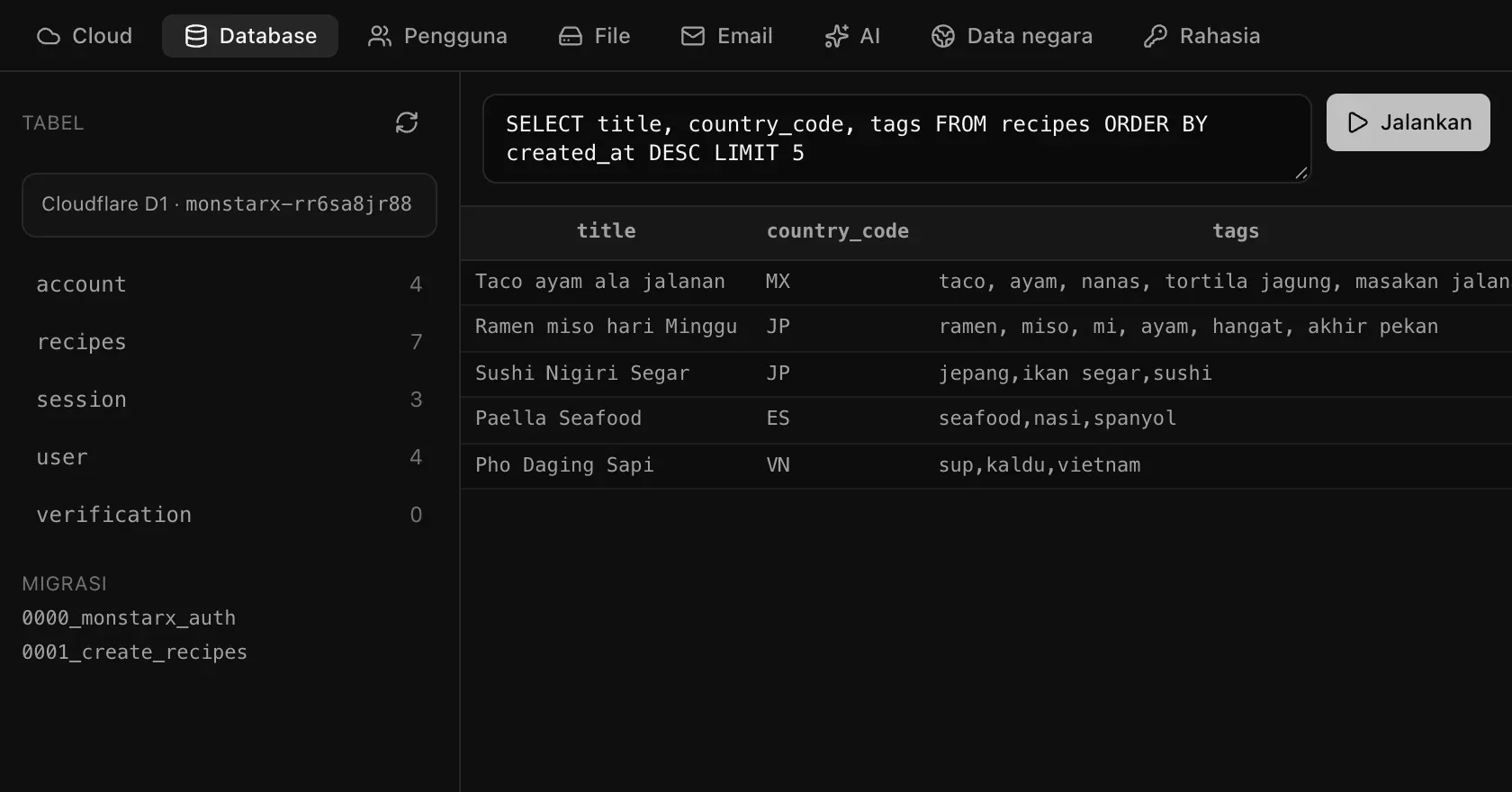 Kueri SQL yang menampilkan lima resep terbaru beserta kode negara dan tagnya, lengkap dengan hasilnya