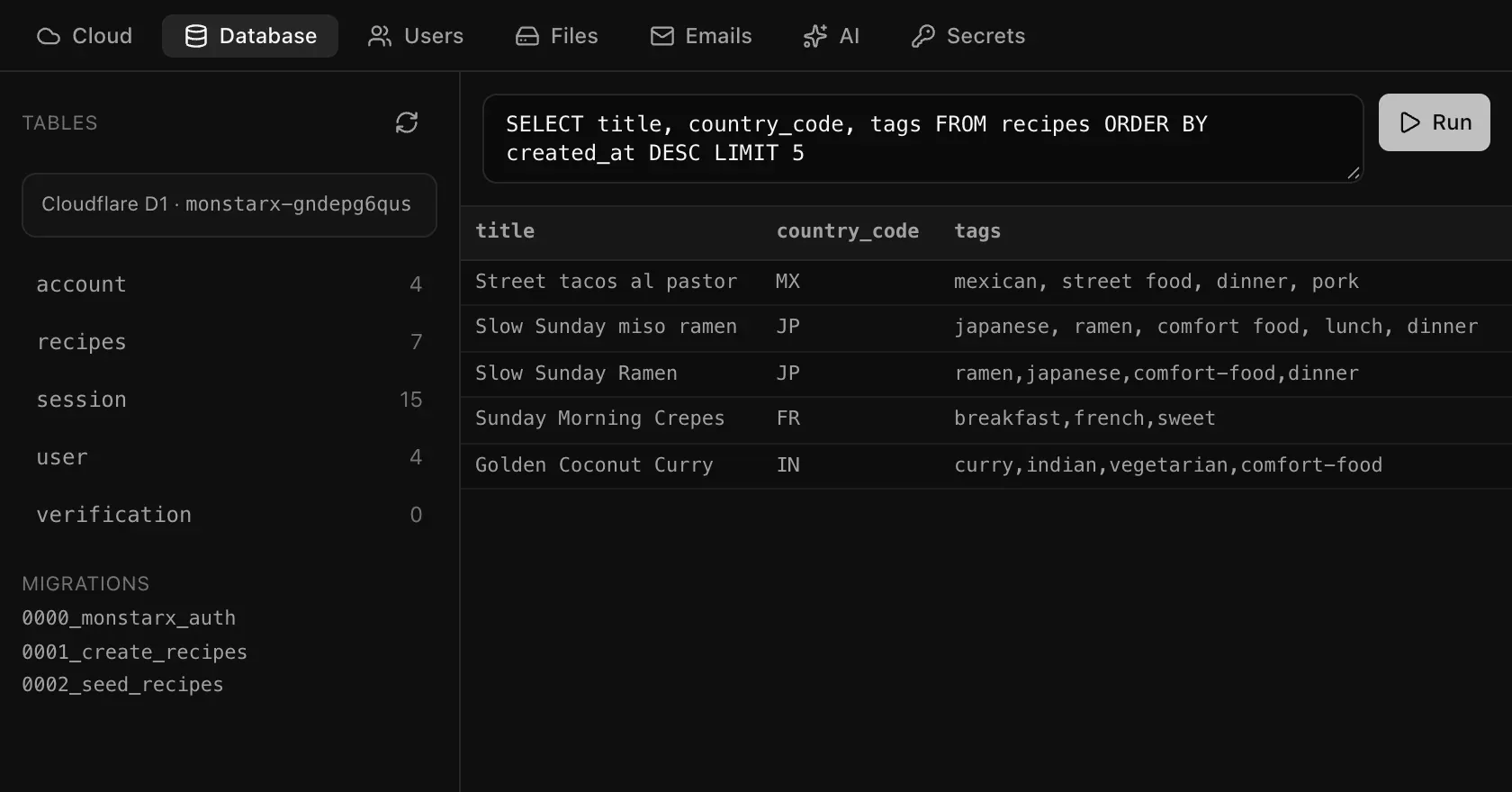 A SQL query that lists the five newest recipes with their country code and tags, and its results