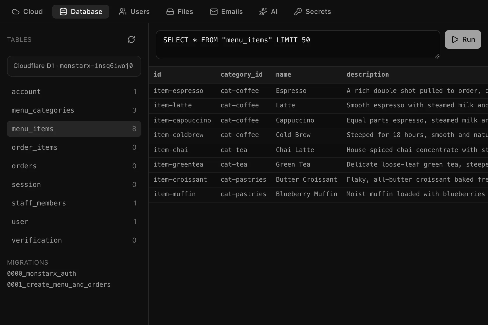 Backend, Database for Brew & Bean: the tables list on the left with row counts, and the menu_items table open on the right showing eight coffees, teas and pastries