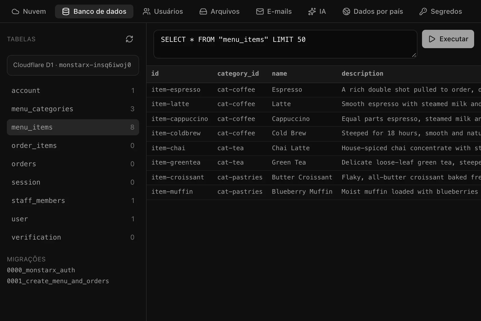 Backend, Banco de dados do Brew & Bean: a lista de tabelas à esquerda com a contagem de linhas e, à direita, a tabela menu_items aberta com oito cafés, chás e doces