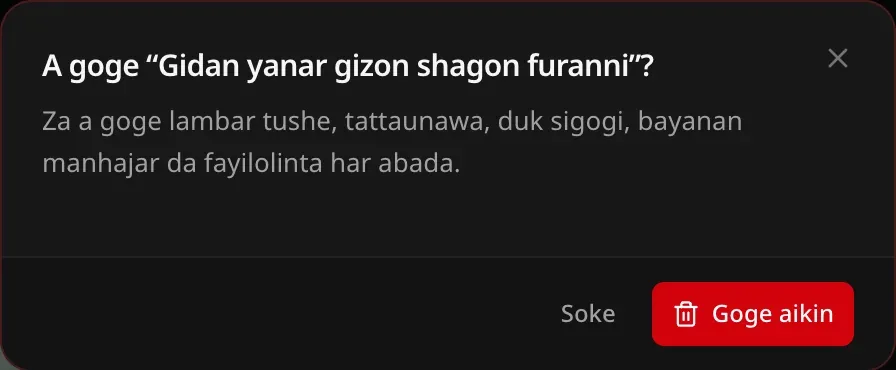 A goge “Gidan yanar gizon shagon furanni”? Za a goge lambar tushe, tattaunawa, duk sigogi, bayanan manhajar da fayilolinta har abada. Maɓallan Soke da Goge aikin