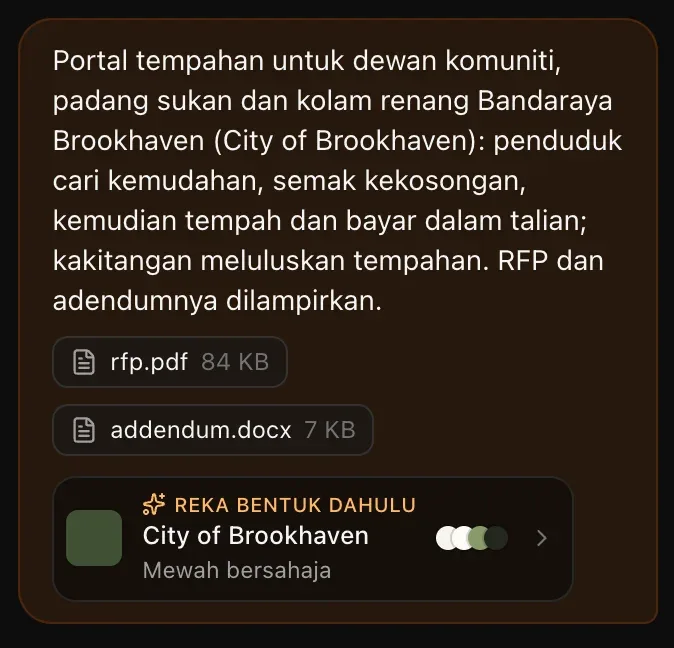 Mesej pertama dalam perbualan: ringkasan portal tempahan, rfp.pdf dan addendum.docx, serta cip Reka bentuk dahulu dengan nama aplikasi, gaya Mewah bersahaja dan titik warna
