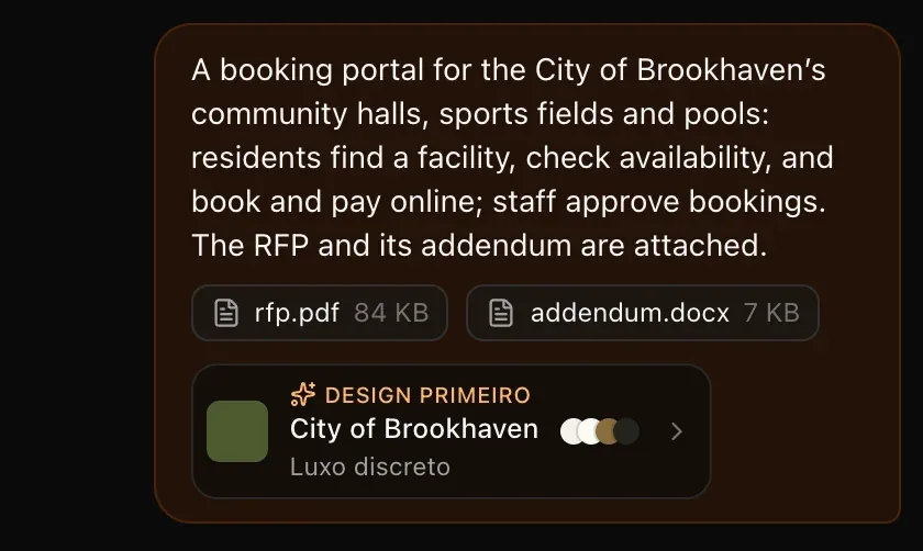 A primeira mensagem no chat: a descrição do portal de reservas, rfp.pdf e addendum.docx, e uma etiqueta Design primeiro — City of Brookhaven, Luxo discreto, com bolinhas de cor