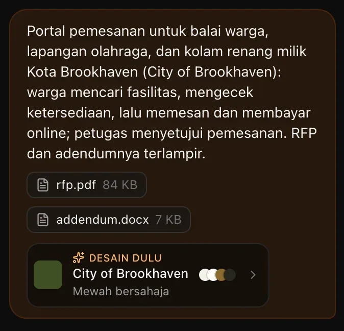 Pesan pertama di percakapan: arahan portal reservasi, rfp.pdf dan addendum.docx, serta chip Desain dulu — City of Brookhaven, Mewah bersahaja, dengan titik-titik warna