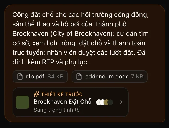 Tin nhắn đầu tiên trong cuộc trò chuyện: bản mô tả cổng đặt chỗ, rfp.pdf và addendum.docx, và thẻ Thiết kế trước — Brookhaven Đặt Chỗ, Sang trọng tinh tế, kèm các chấm màu