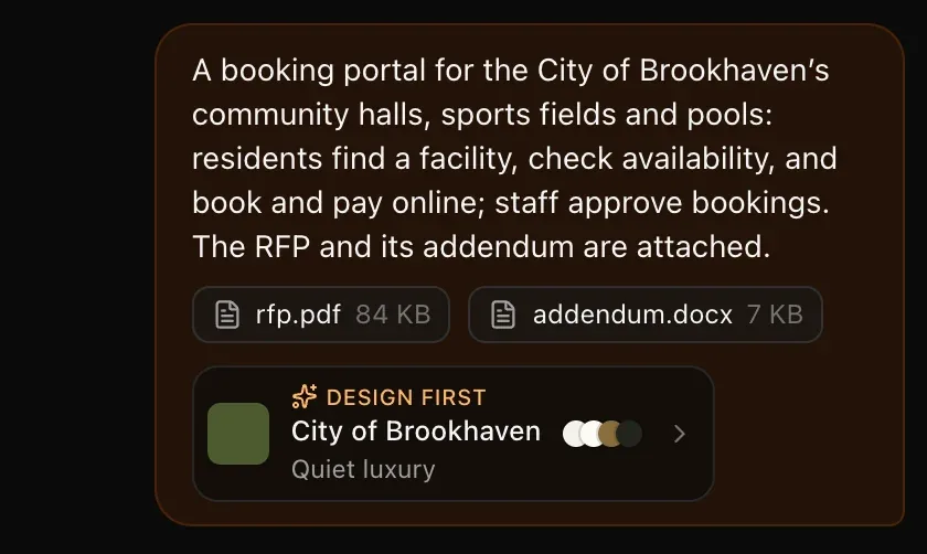 The first message in the chat: the booking-portal brief, rfp.pdf and addendum.docx, and a Design first chip — City of Brookhaven, Quiet luxury, with colour dots