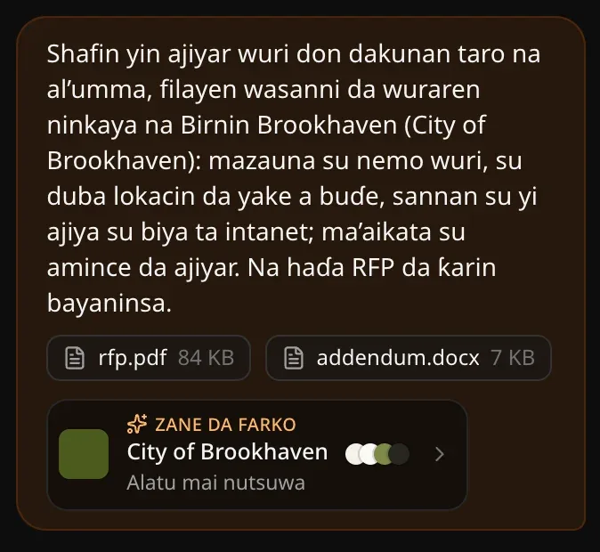 Saƙo na farko a tattaunawa: bayanin tashar ajiyar wuri, rfp.pdf da addendum.docx, da ɗan katin Zane da farko — City of Brookhaven, Alatu mai nutsuwa, tare da ɗigon launuka
