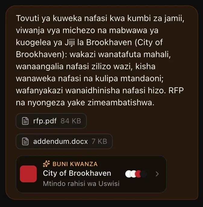 Ujumbe wa kwanza kwenye mazungumzo: maelezo ya tovuti ya kuweka nafasi, rfp.pdf na addendum.docx, na kibandiko cha Buni kwanza — City of Brookhaven, Mtindo rahisi wa Uswisi, pamoja na vitone vya rangi
