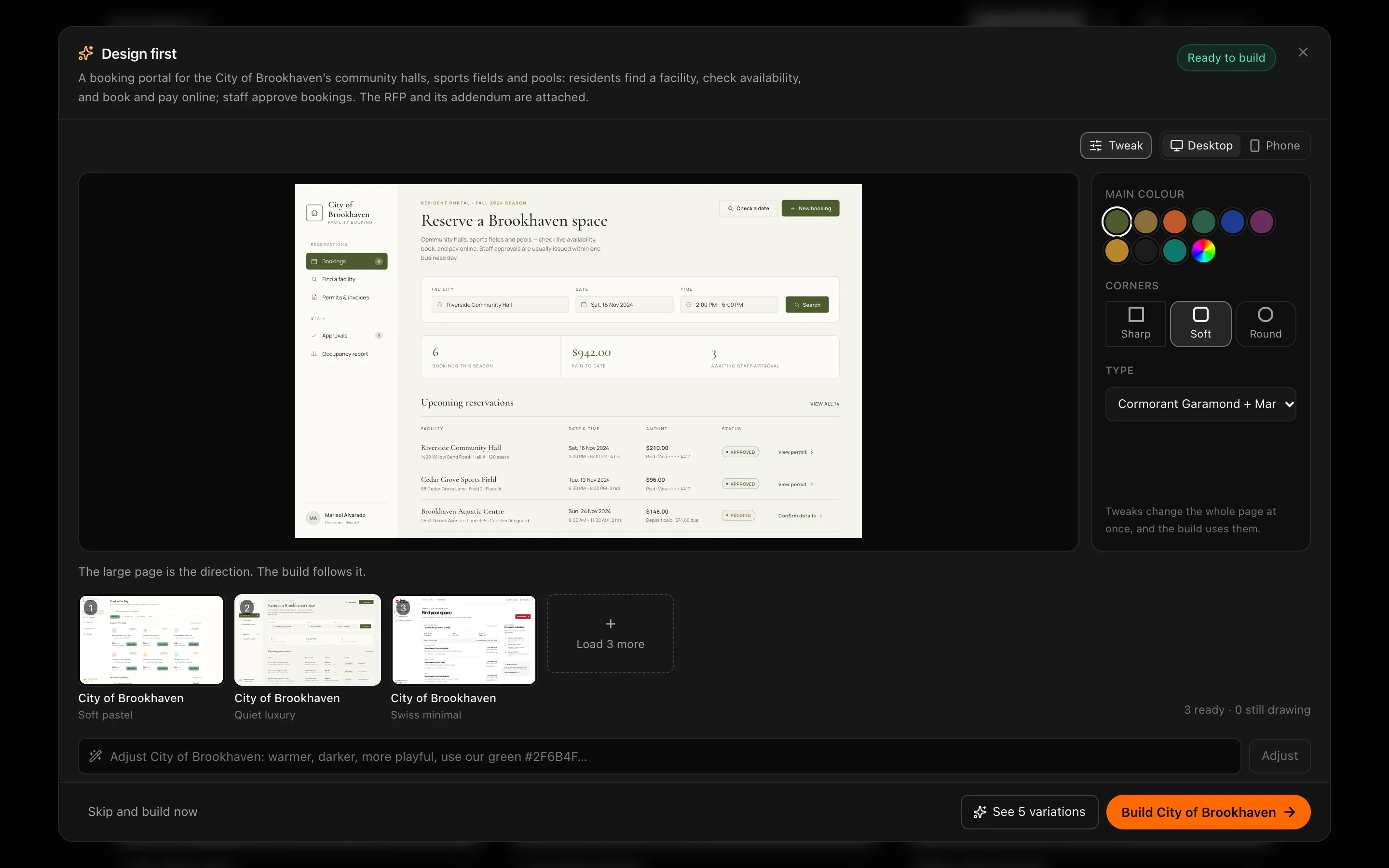 The Design first window: the brief at the top and Ready to build, a large Quiet luxury screen of a City of Brookhaven booking portal on the stage, the Tweak panel with main colour, corners and type on the right, three thumbnails (Soft pastel, Quiet luxury, Swiss minimal) and Load 3 more below, an Adjust box, and Skip and build now, See 5 variations and Build City of Brookhaven at the bottom