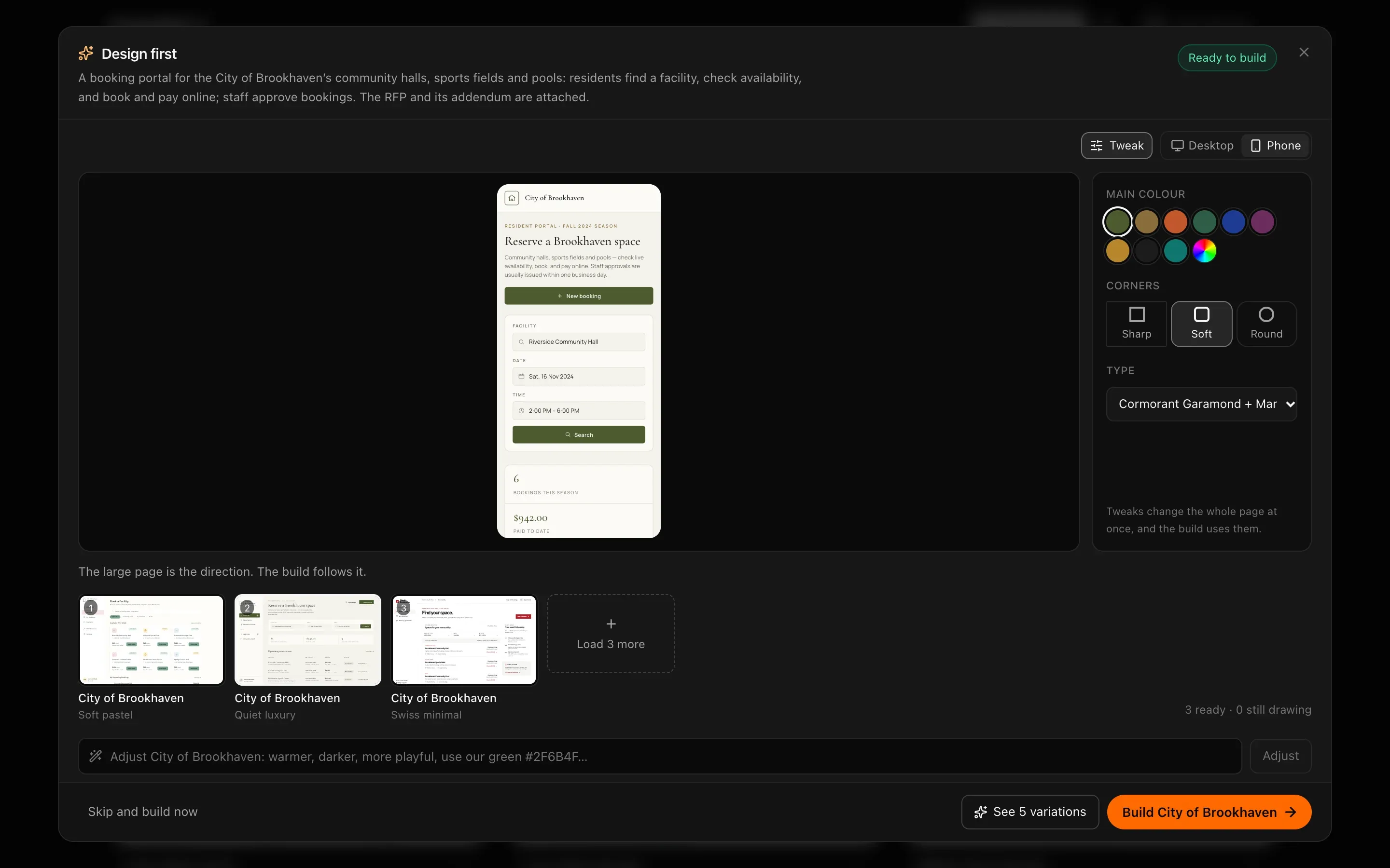 The same Quiet luxury screen shown in Phone view: a narrow page with the booking search stacked in one column
