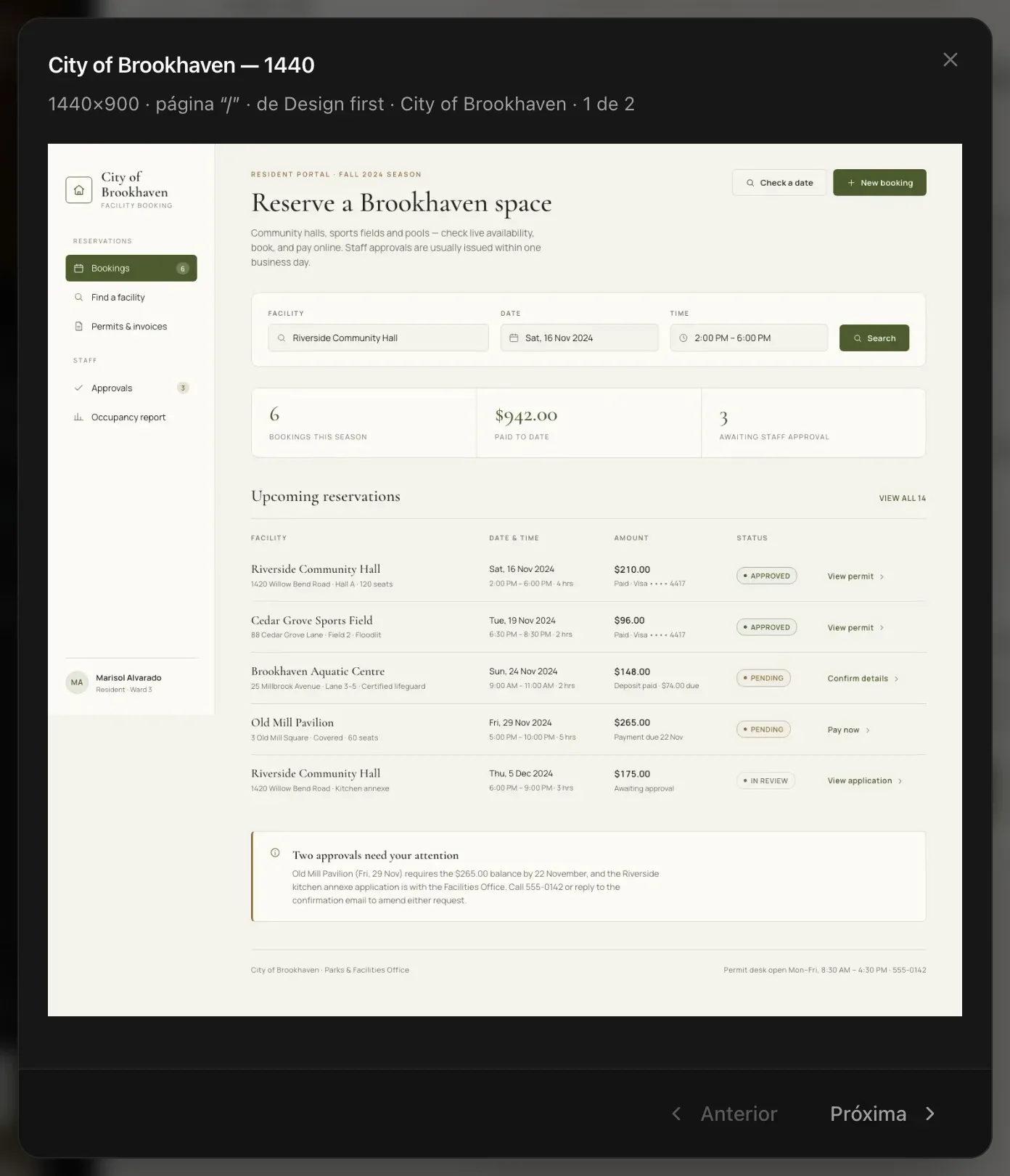A tela escolhida aberta pela etiqueta: City of Brookhaven — 1440, 1440×900 · página “/” · de Design first · City of Brookhaven · 1 de 2 (um projeto criado em inglês), com Anterior e Próxima para ver a versão de celular