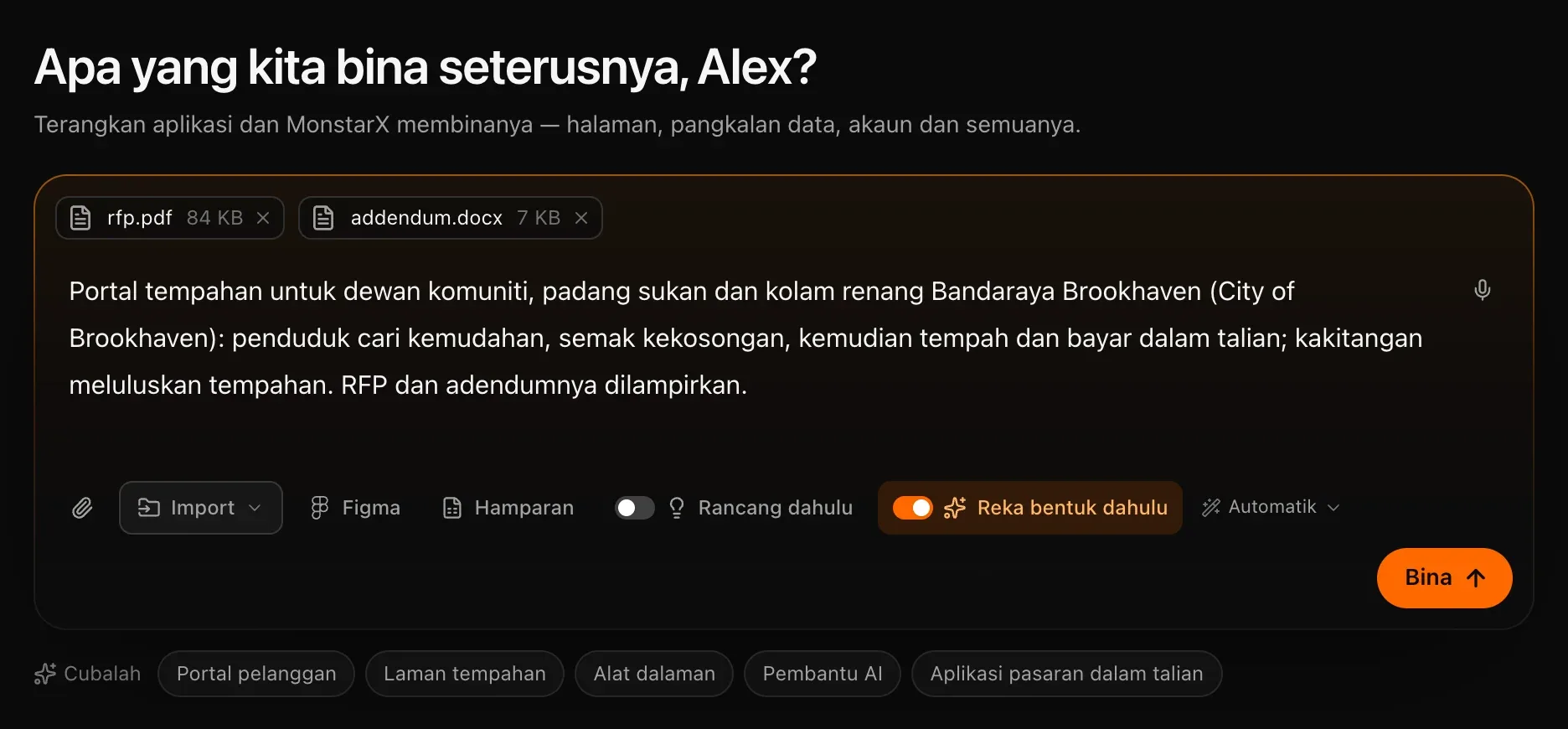 Kotak prom dengan penerangan portal tempahan, rfp.pdf dan addendum.docx dilampirkan, dan Reka bentuk dahulu dihidupkan dalam warna jingga