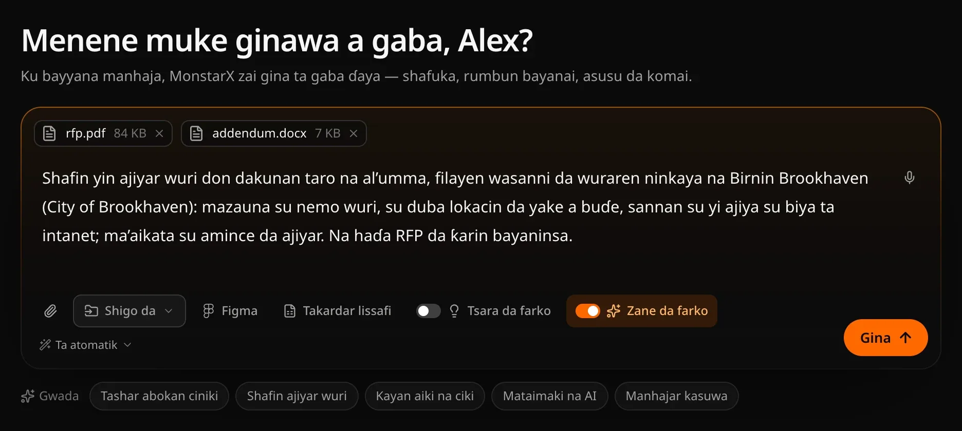 Akwatin rubutu da bayanin tashar ajiyar wuraren taro, an haɗa rfp.pdf da addendum.docx, kuma an kunna Zane da farko a launin lemu