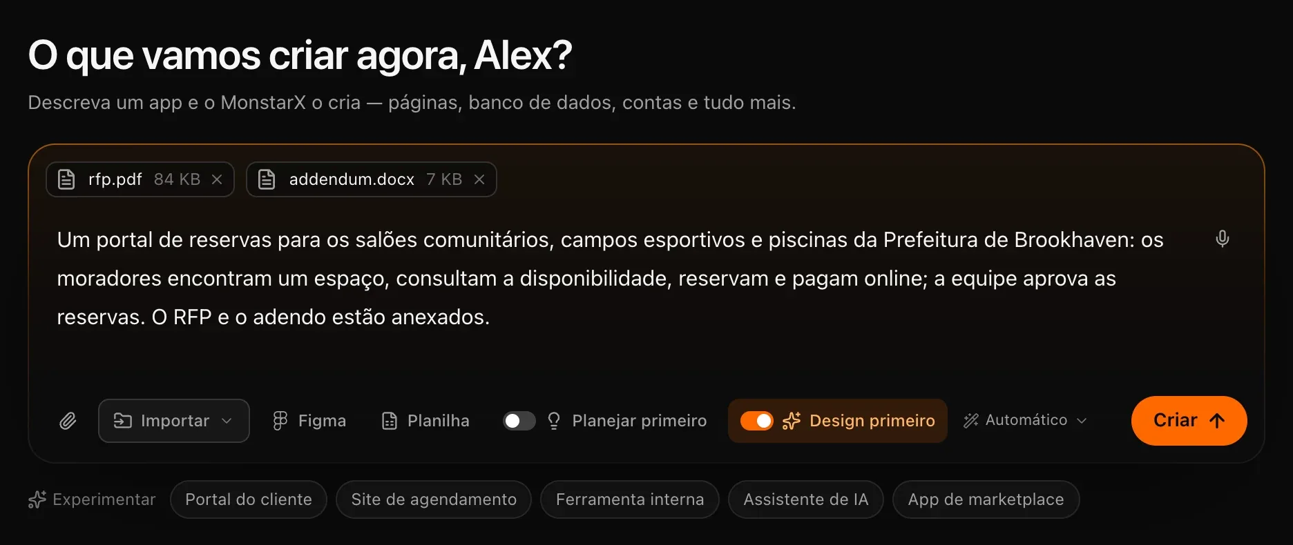 A caixa de texto com a descrição de um portal de reservas, rfp.pdf e addendum.docx anexados e Design primeiro ativado em laranja