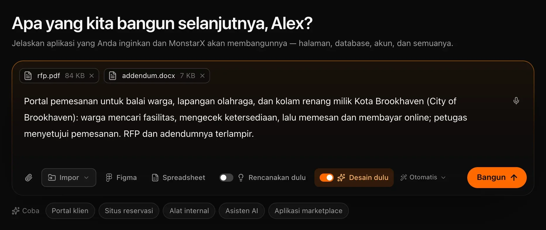 Kotak prompt berisi deskripsi portal reservasi, dengan rfp.pdf dan addendum.docx terlampir, dan Desain dulu aktif berwarna oranye
