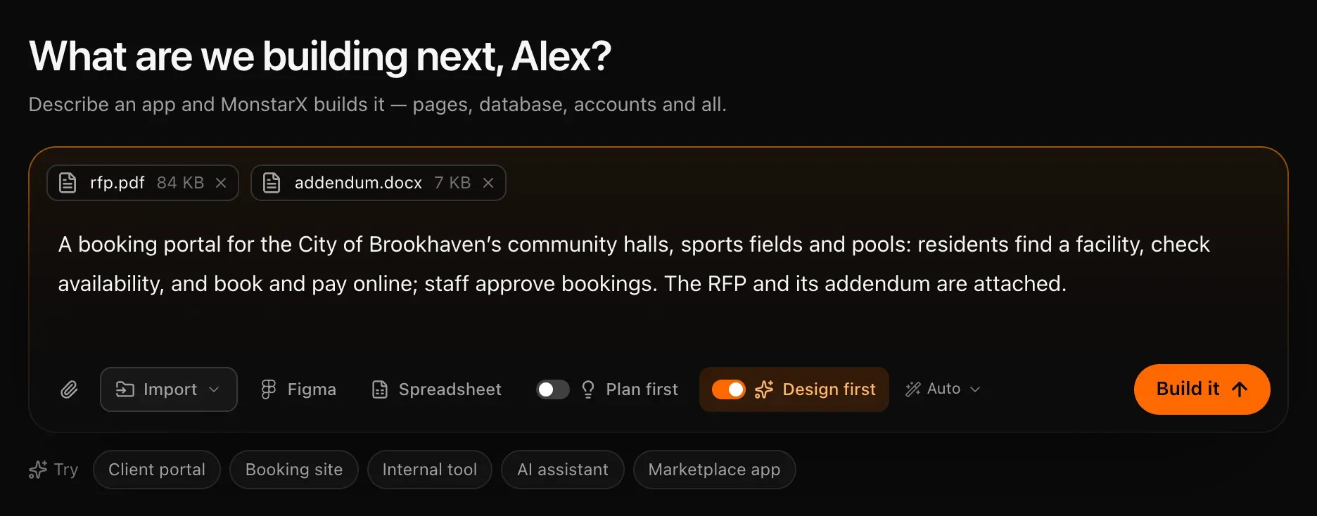 The prompt box with a booking-portal description, rfp.pdf and addendum.docx attached, and Design first switched on in orange
