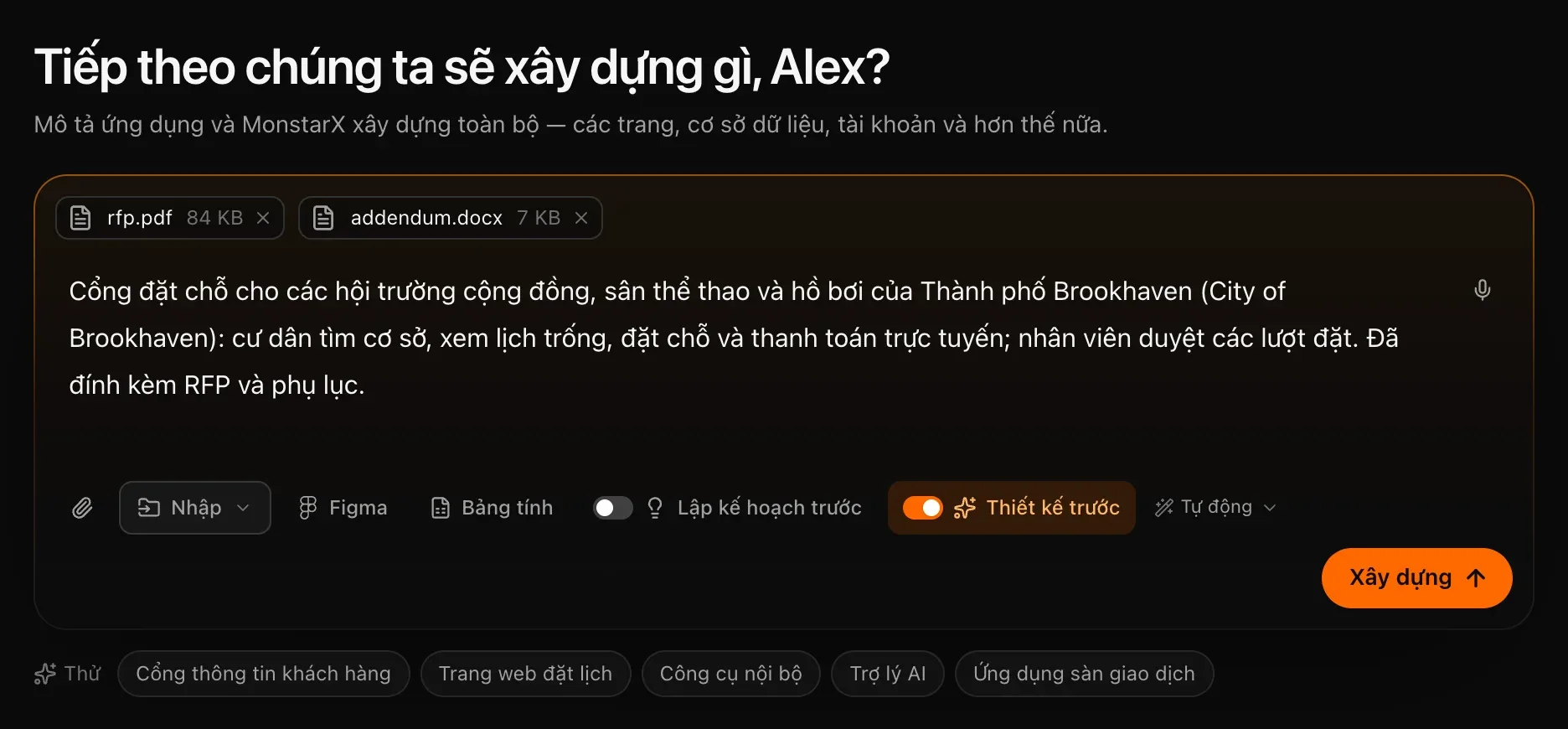 Ô nhập câu lệnh có mô tả một cổng đặt chỗ, đính kèm rfp.pdf và addendum.docx, và Thiết kế trước đang bật màu cam