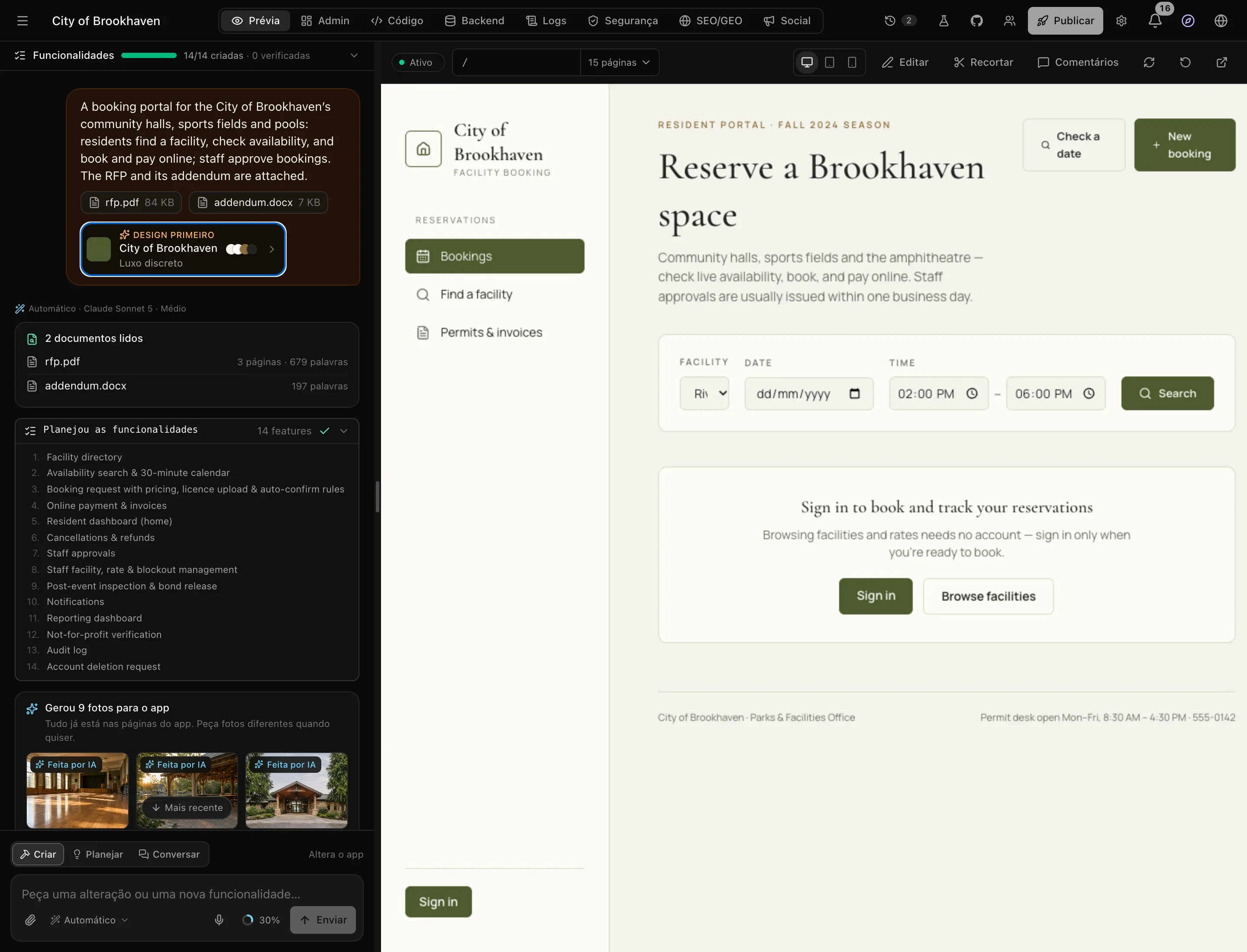 O app pronto na prévia: Reserve a Brookhaven space no estilo Luxo discreto escolhido, com a etiqueta Design primeiro, 2 documentos lidos e Planejou as funcionalidades (14 features, registrado em inglês) no chat