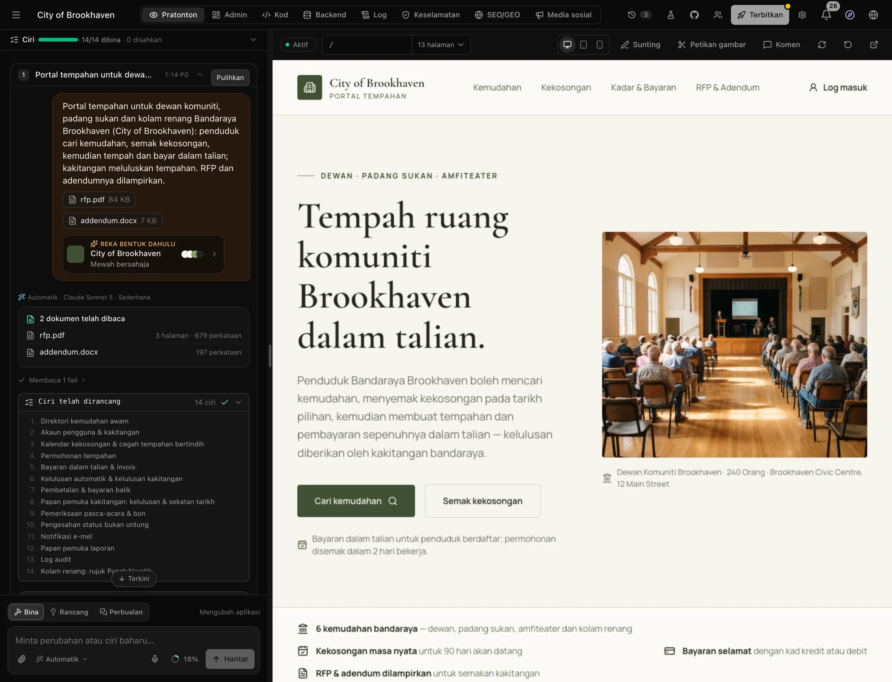 Aplikasi yang siap dalam pratonton: portal tempahan kemudahan dalam gaya Mewah bersahaja yang dipilih, dengan cip Reka bentuk dahulu, dokumen yang telah dibaca dan 14 ciri yang dirancang dalam perbualan