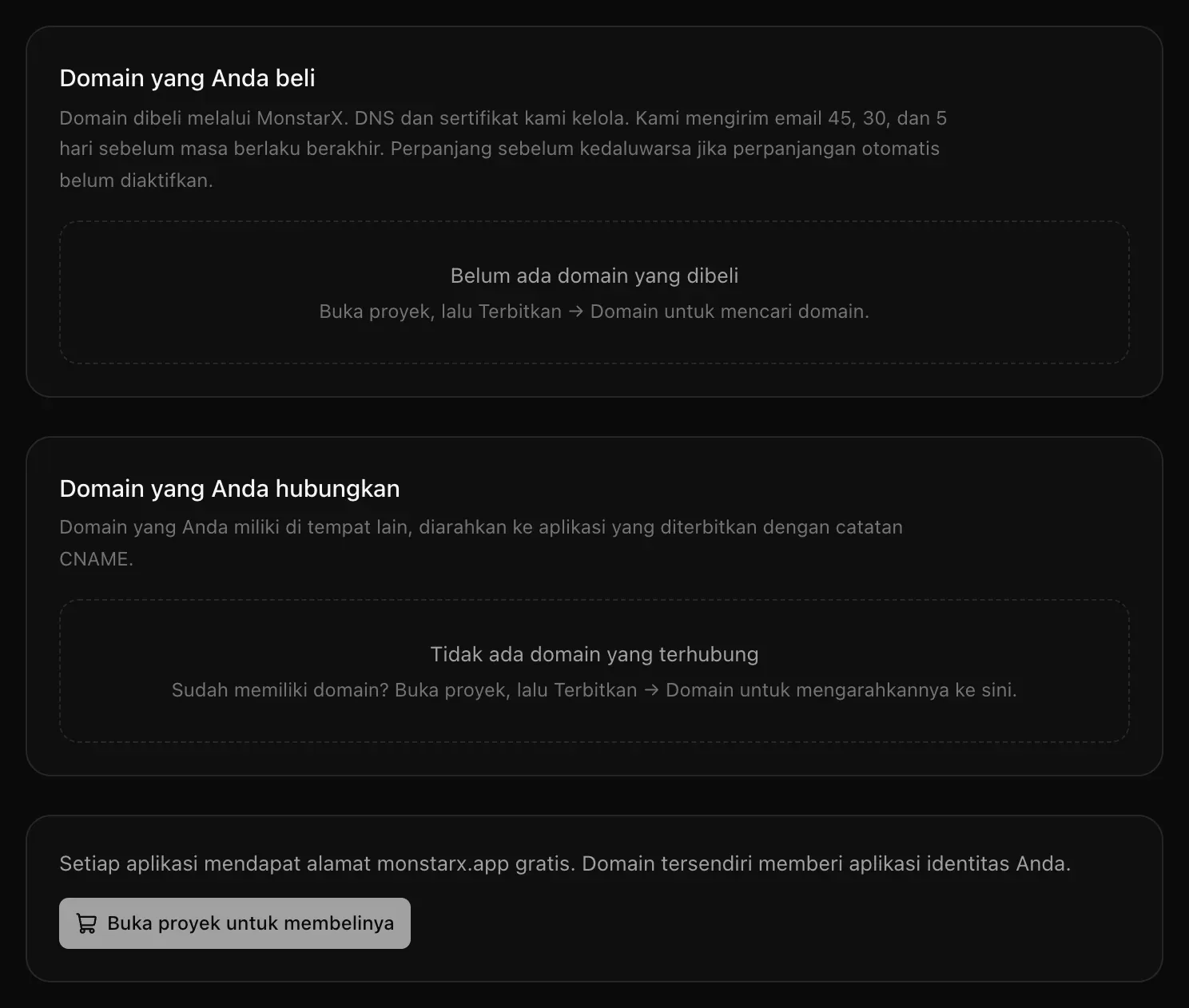 Pengaturan → Domain dengan kartu Domain yang Anda beli dan Domain yang Anda hubungkan, keduanya kosong, serta catatan bahwa setiap aplikasi mendapat alamat monstarx.app gratis