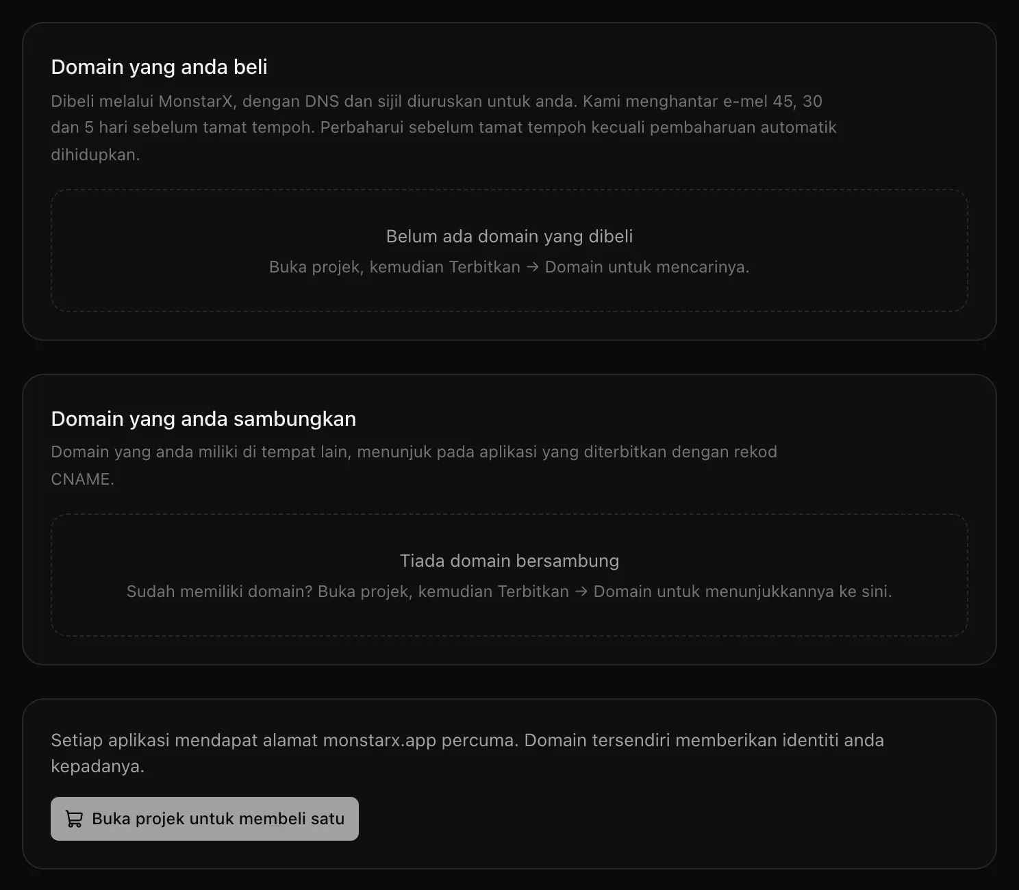 Tetapan → Domain dengan kad Domain yang anda beli dan Domain yang anda sambungkan, kedua-duanya kosong, dan nota bahawa setiap aplikasi mendapat alamat monstarx.app percuma