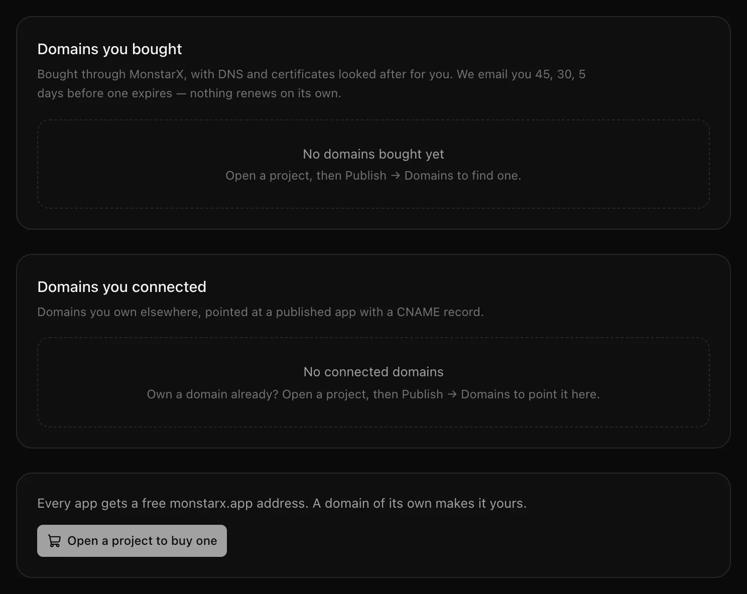 Settings → Domains with the cards Domains you bought and Domains you connected, both empty, and a note that every app gets a free monstarx.app address