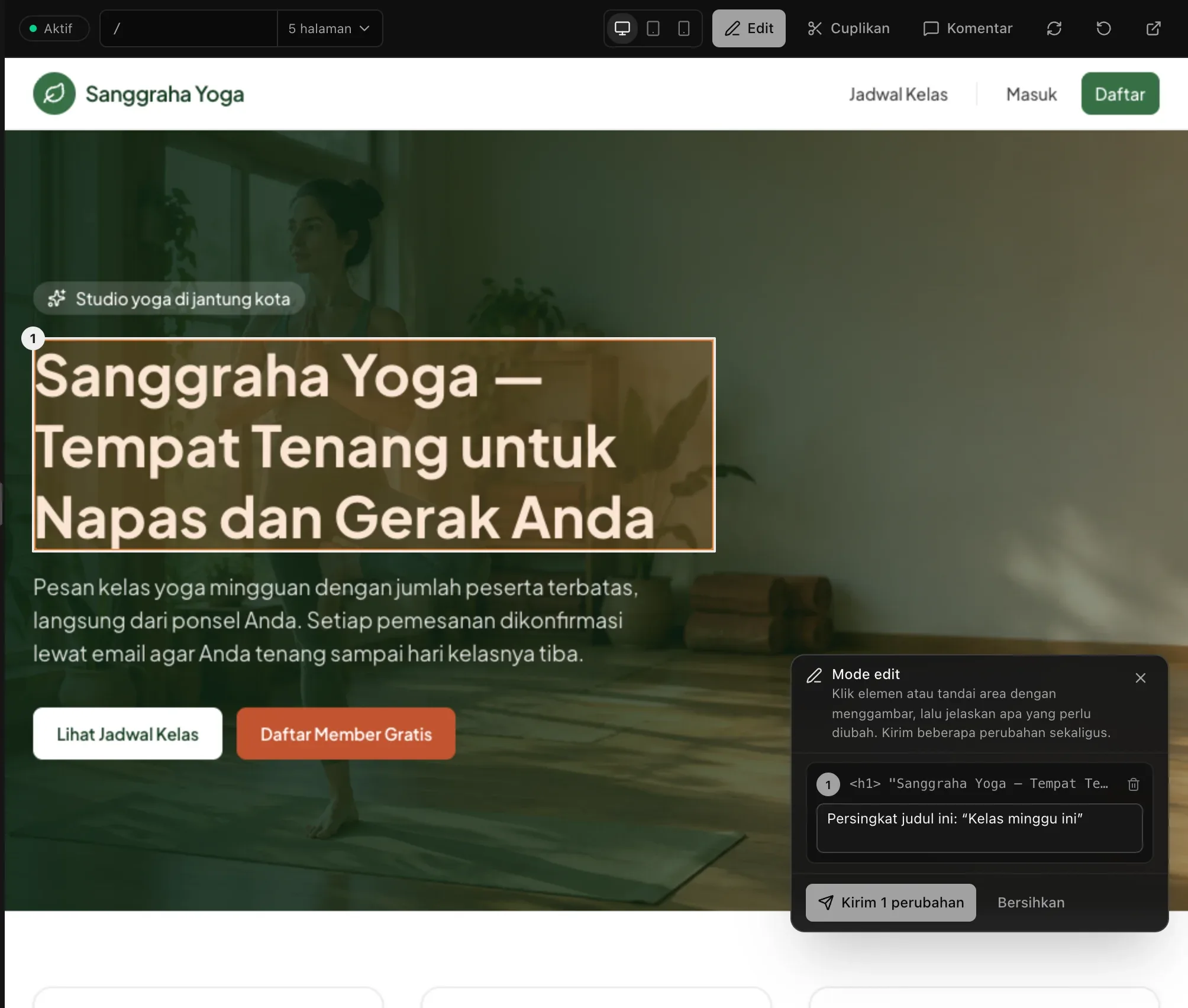 Mode edit di situs Sanggraha Yoga: judul utama halaman ditandai 1, dan panel Mode edit berisi catatan untuk mempersingkat judul tersebut