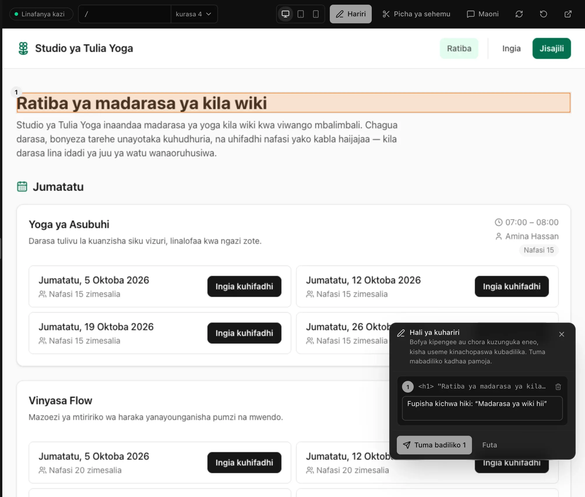 Hali ya kuhariri kwenye tovuti ya yoga: kichwa Ratiba ya madarasa ya kila wiki kimewekwa alama 1, na paneli ya Hali ya kuhariri ina dokezo “Fupisha kichwa hiki: Madarasa ya wiki hii”