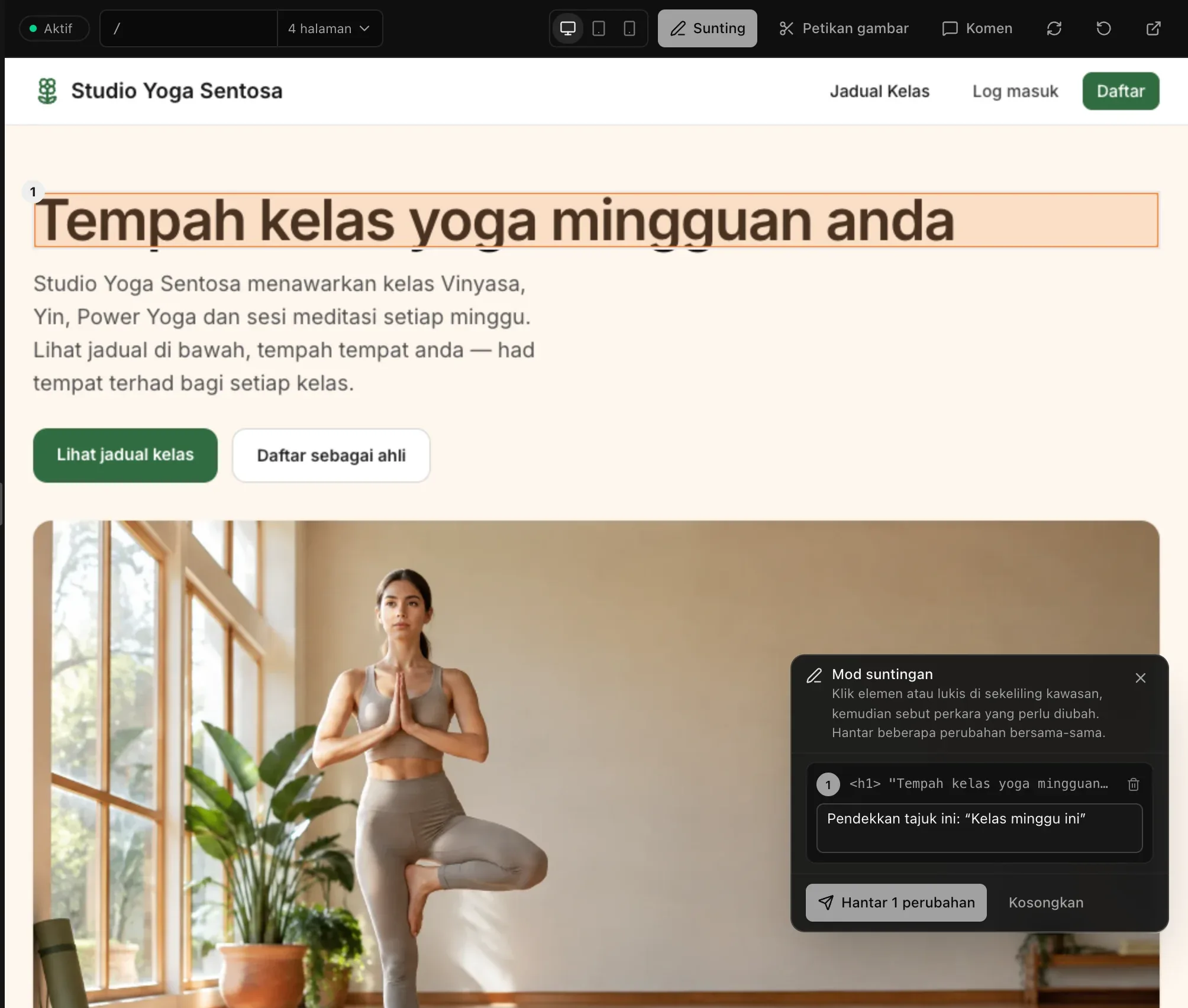 Mod suntingan pada laman studio yoga: tajuk Tempah kelas yoga mingguan anda ditandakan 1, dan panel Mod suntingan mengandungi nota Pendekkan tajuk ini: “Kelas minggu ini” dengan butang Hantar 1 perubahan
