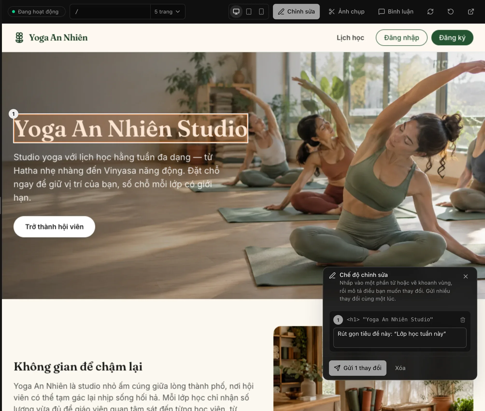 Chế độ chỉnh sửa trên trang web Yoga An Nhiên: tiêu đề chính của trang được đánh số 1, và bảng Chế độ chỉnh sửa có ghi chú yêu cầu rút ngắn tiêu đề này