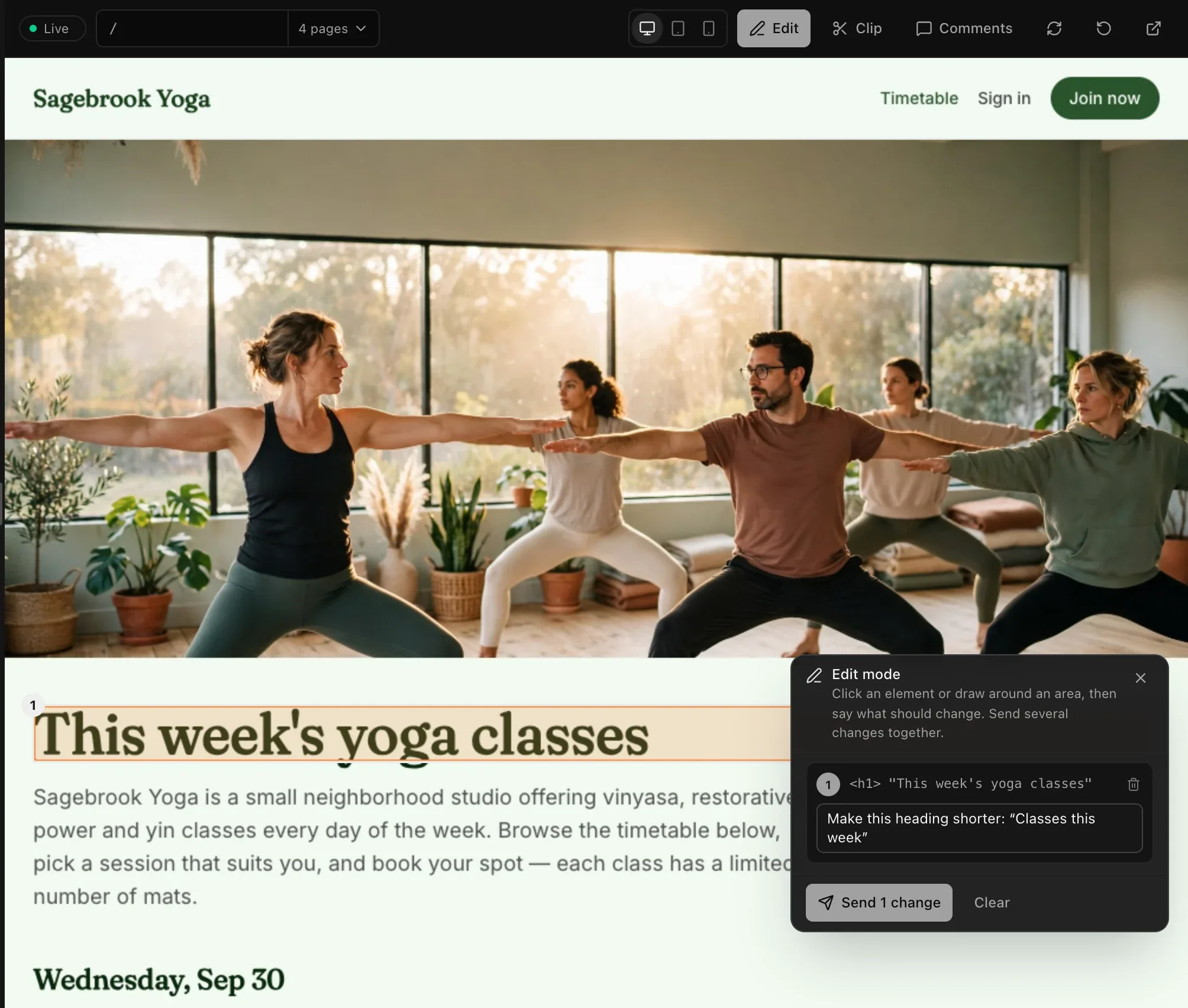 Edit mode: the heading This week's yoga classes is marked with the number 1, and the Edit mode panel holds the note Make this heading shorter: Classes this week, with a Send 1 change button