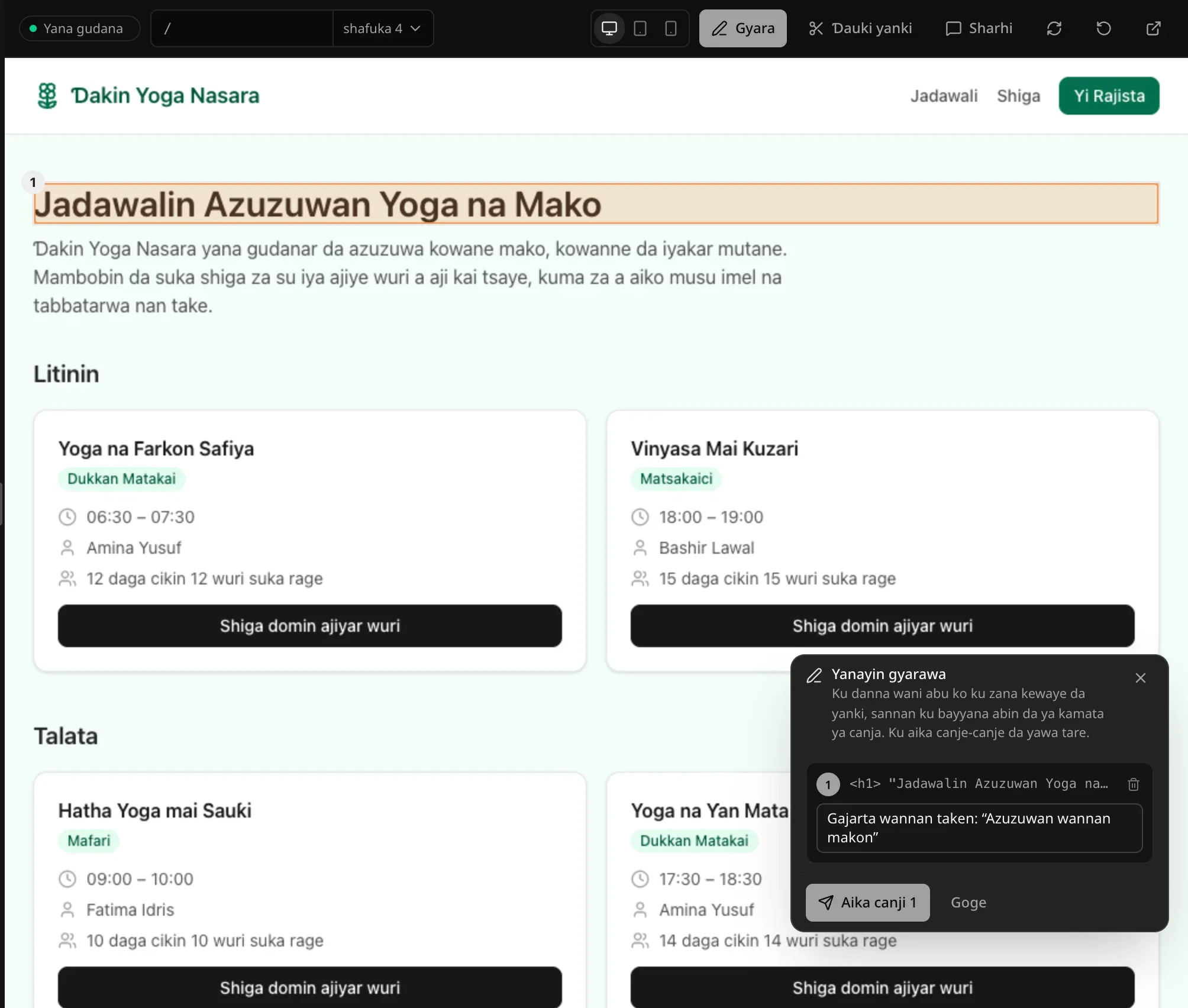Yanayin gyarawa a shafin yoga: kanun “Jadawalin Azuzuwan Yoga na Mako” yana da alamar 1, kuma allon Yanayin gyarawa yana ɗauke da bayanin “Gajarta wannan taken: Azuzuwan wannan makon”