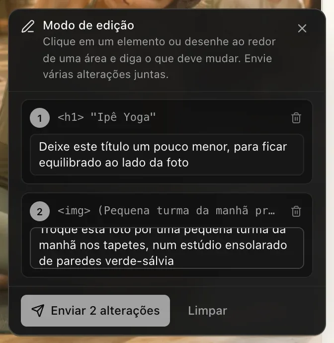 O painel Modo de edição com duas alterações numeradas: o título h1 Ipê Yoga com a observação Deixe este título um pouco menor, para ficar equilibrado ao lado da foto e uma img com a observação Troque esta foto por uma pequena turma da manhã nos tapetes…, além de Enviar 2 alterações e Limpar