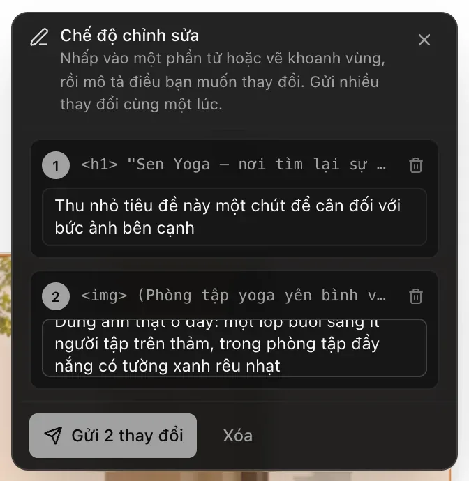 Bảng Chế độ chỉnh sửa với hai thay đổi được đánh số: tiêu đề h1 Sen Yoga với ghi chú Thu nhỏ tiêu đề này một chút, và một img với ghi chú Dùng ảnh thật ở đây, cùng nút Gửi 2 thay đổi và Xóa