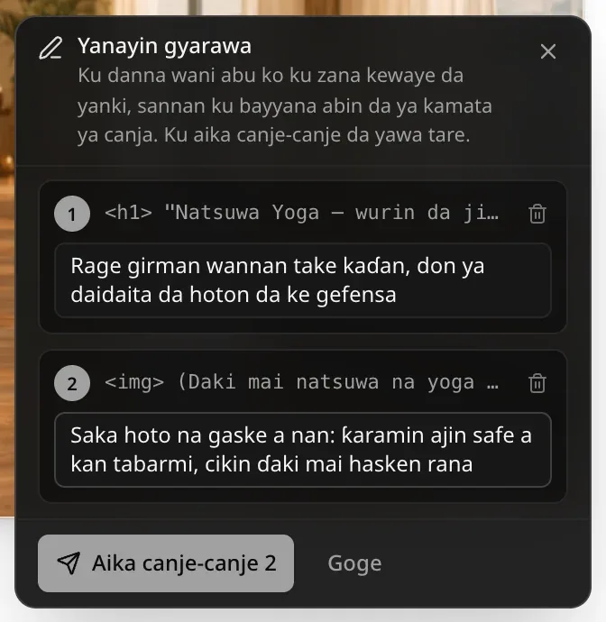 Allon Yanayin gyarawa mai canje-canje biyu masu lamba: kanun h1 “Natsuwa Yoga — wurin da ji…” mai bayanin a ɗan rage girman wannan take, da img mai bayanin a saka hoto na gaske na ƙaramin ajin safe, tare da Aika canje-canje 2 da Goge