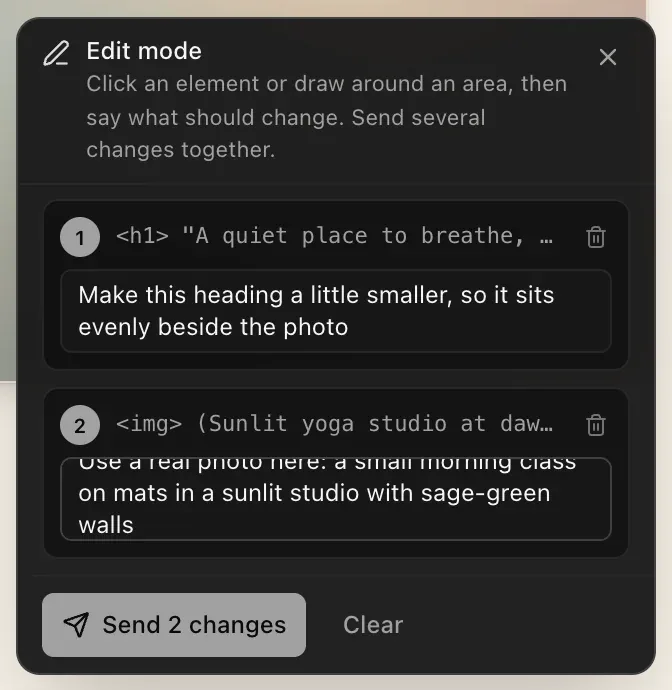The Edit mode panel with two numbered changes: the h1 heading with the note Make this heading a little smaller, and an img with the note Use a real photo here, plus Send 2 changes and Clear