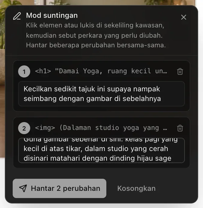 Panel Mod suntingan dengan dua perubahan bernombor: tajuk h1 “Damai Yoga, ruang kecil untuk…” dengan nota Kecilkan sedikit tajuk ini supaya nampak seimbang dengan gambar di sebelahnya, dan img dengan nota supaya gambar sebenar digunakan di situ, serta Hantar 2 perubahan dan Kosongkan