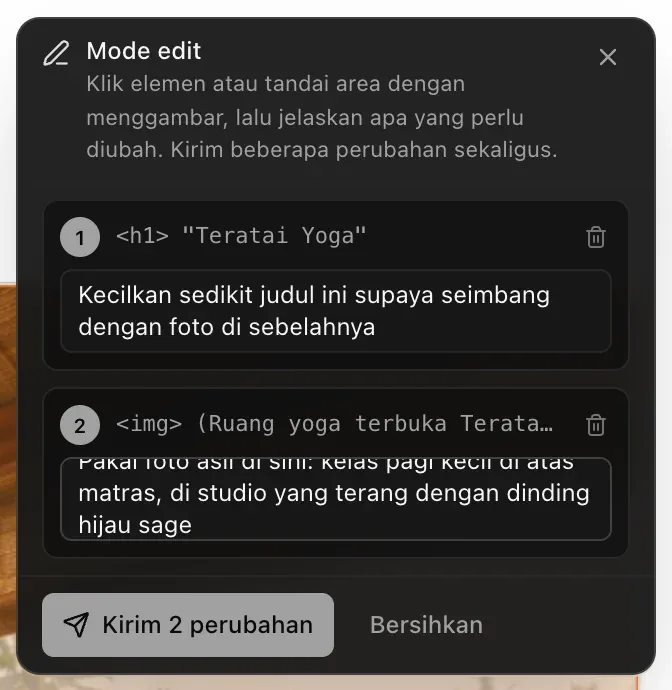 Panel Mode edit dengan dua perubahan bernomor: judul h1 Teratai Yoga dengan catatan untuk sedikit mengecilkan judul, dan img dengan catatan untuk memakai foto asli, serta tombol Kirim 2 perubahan dan Bersihkan