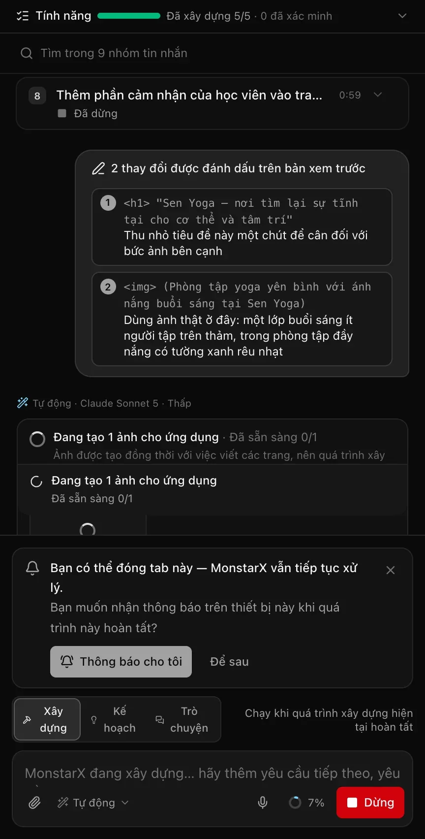 Cuộc trò chuyện sau khi gửi: 2 thay đổi được đánh dấu trên bản xem trước, liệt kê tiêu đề và hình ảnh kèm ghi chú, và MonstarX bắt đầu làm việc, đang tạo 1 ảnh cho ứng dụng