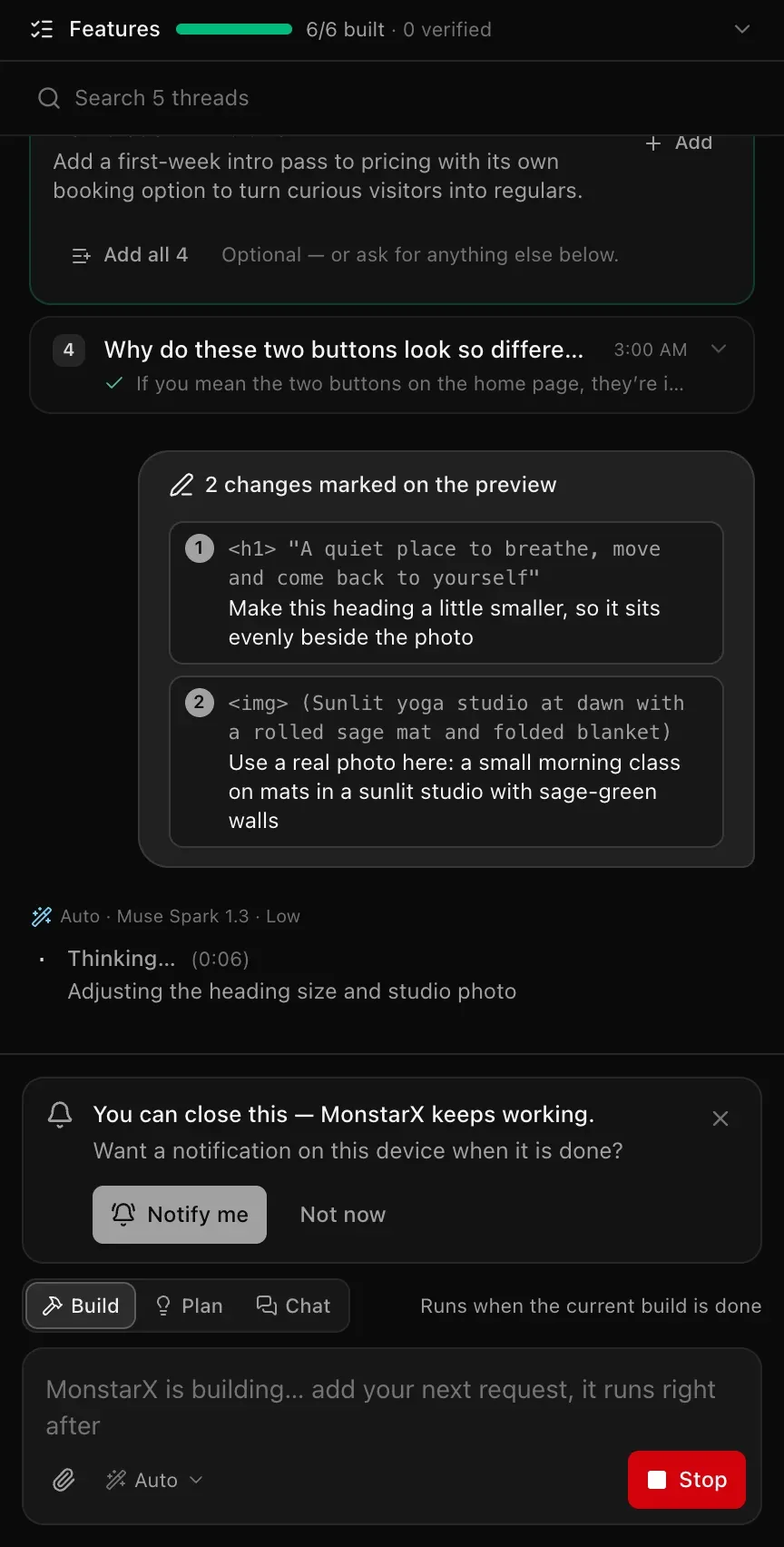 The chat after sending: 2 changes marked on the preview, listing the heading and the picture with their notes, and MonstarX starting to work: Adjusting the heading size and studio photo