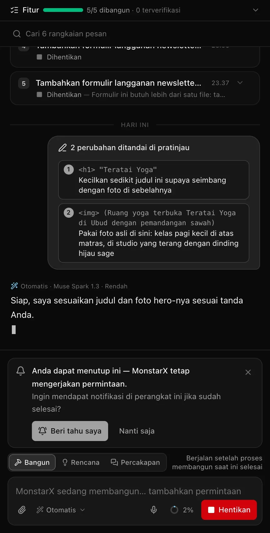Percakapan setelah dikirim: 2 perubahan ditandai di pratinjau, mencantumkan judul dan gambar beserta catatannya, dan jawaban MonstarX bahwa judul dan foto hero akan disesuaikan