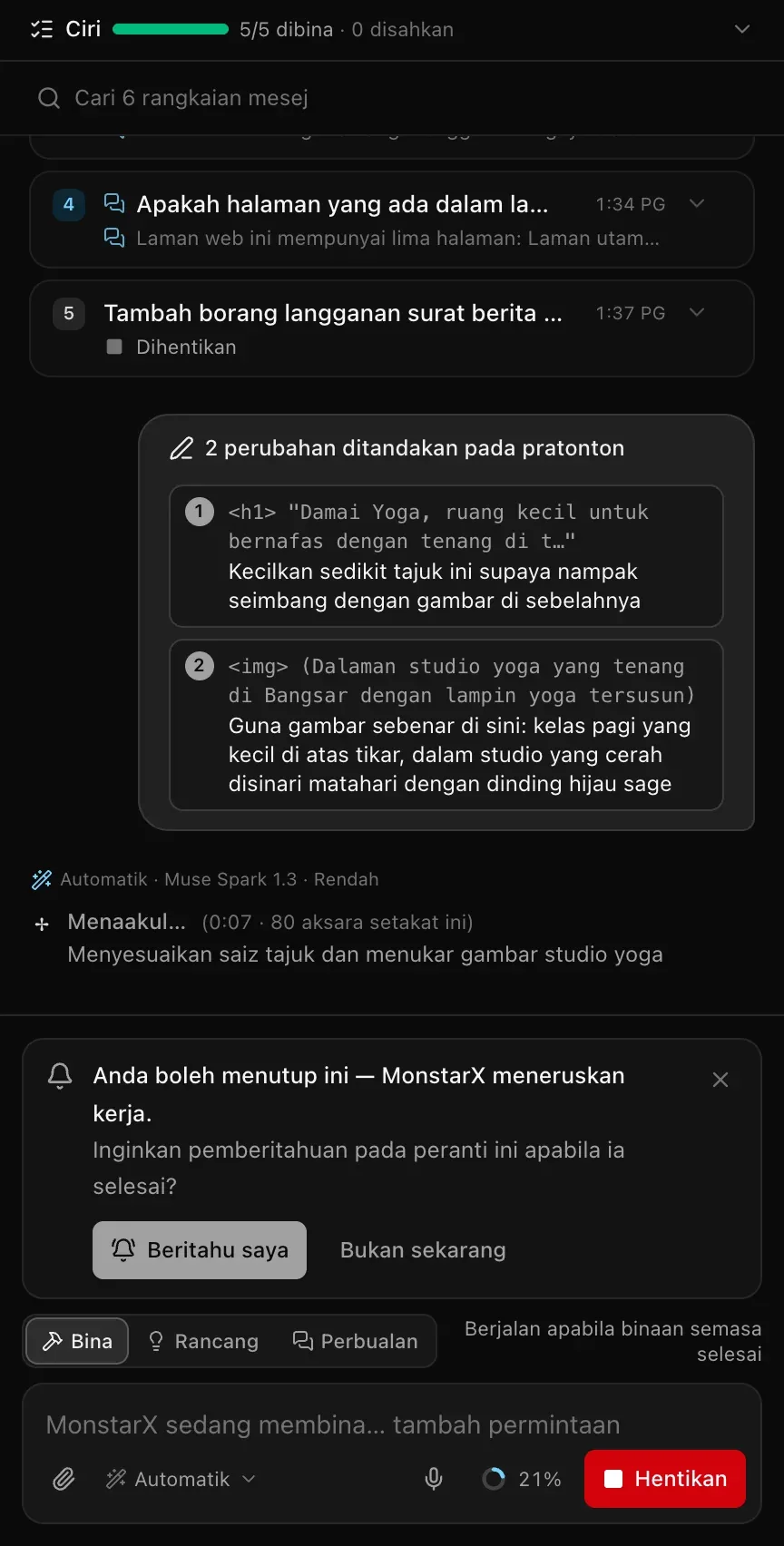 Perbualan selepas penghantaran: 2 perubahan ditandakan pada pratonton, menyenaraikan tajuk dan gambar bersama notanya, dan MonstarX mula Menaakul… sambil menyesuaikan saiz tajuk dan menukar gambar studio yoga