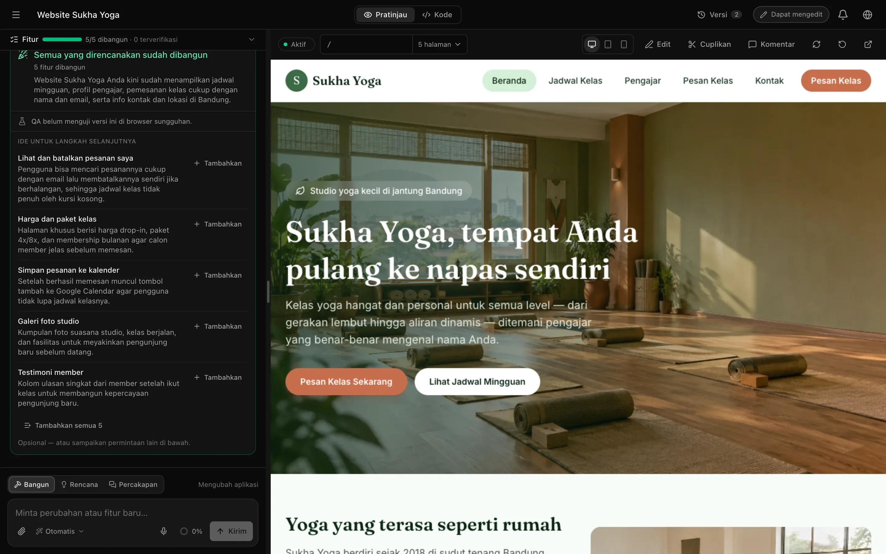 Ruang kerja sebagai pengedit: tab Pratinjau dan Kode, Versi, lencana Dapat mengedit, rencana fitur dengan tombol Tambahkan, Edit dan Cuplikan di bilah alat pratinjau, serta kotak prompt dengan Bangun, Rencana, dan Percakapan